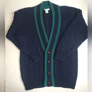 Jamie Scott Chunky Cable Cardigan Fishermen Navy Blue Green Buttons Vintage M
